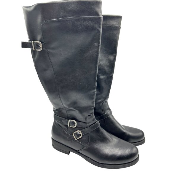 Yuu Shoes - Yuu Womens Black Knee-High Camron Riding Boots With Buckle Accents 12 Wide Calf